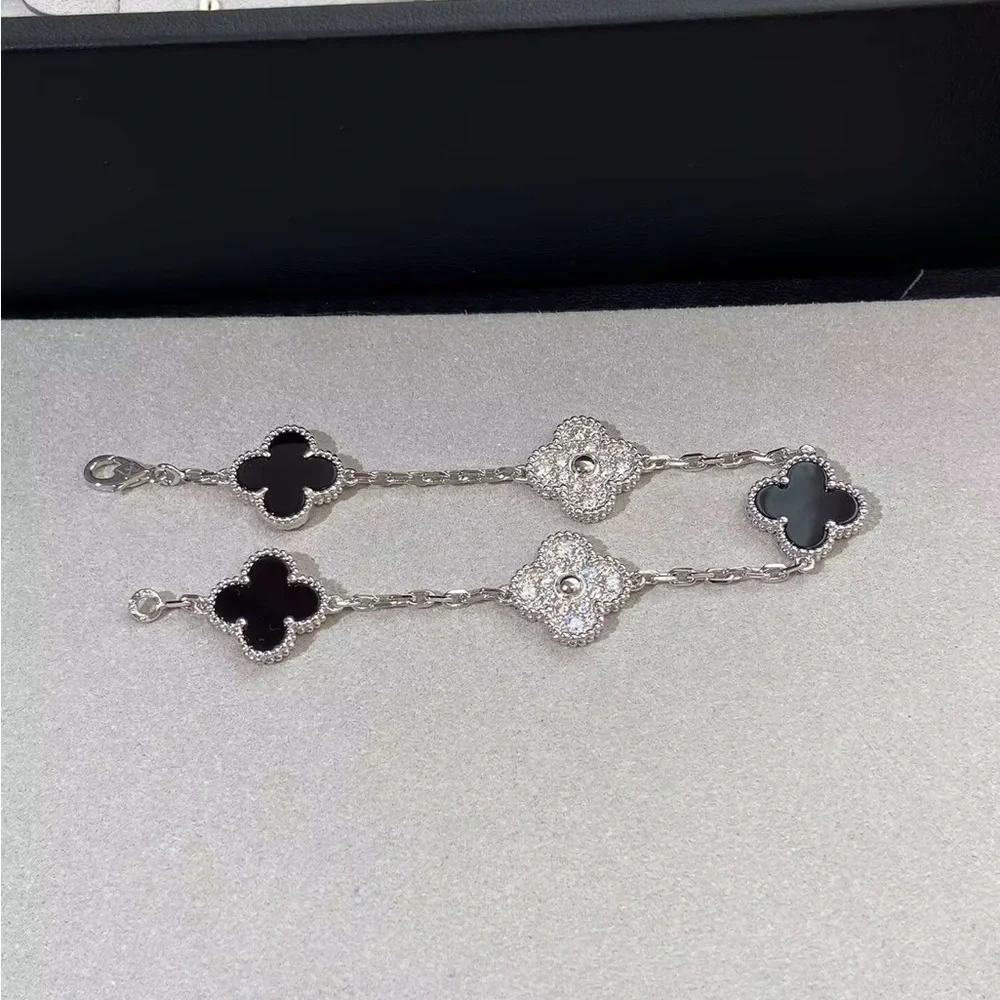 Silver Clover Link Bracelet with Black Onyx and Pave Accents - Picture 3 of 6